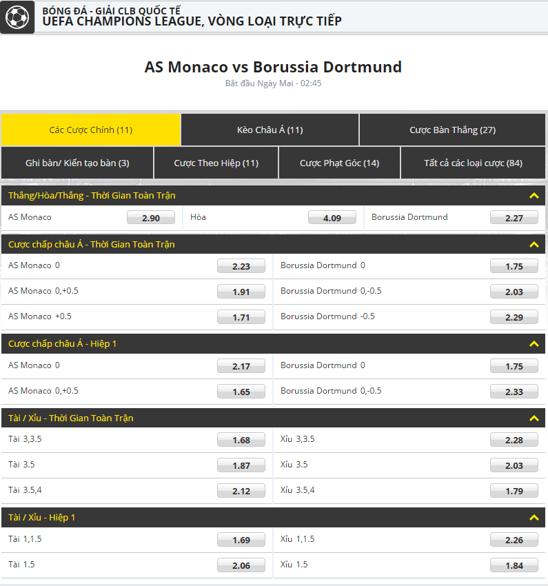 nha cai uy tin dafabet - ty le keo - AS Monaco vs Borussia Dortmund